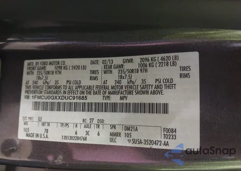 2013 Ford Escape Se из США, поврежденный, VIN 1FMCU0GXXDUC91685